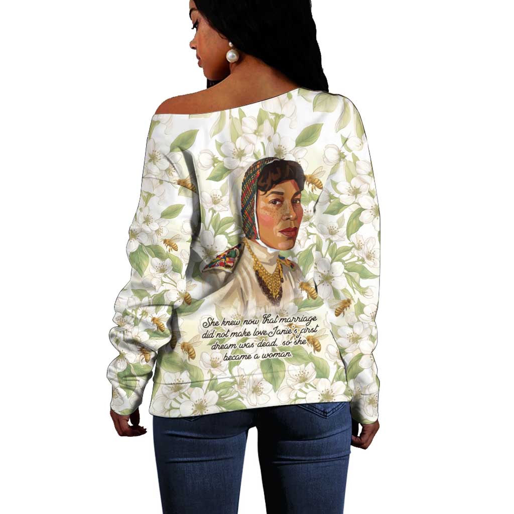 Zora Neale Hurston Off Shoulder Sweater Floral Illustration Featuring Janie’s Dream from Their Eyes Were Watching God - African Pride
