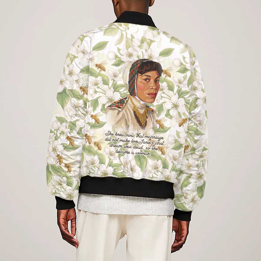 Zora Neale Hurston Sleeve Zip Bomber Jacket Floral Illustration Featuring Janie’s Dream from Their Eyes Were Watching God - African Pride