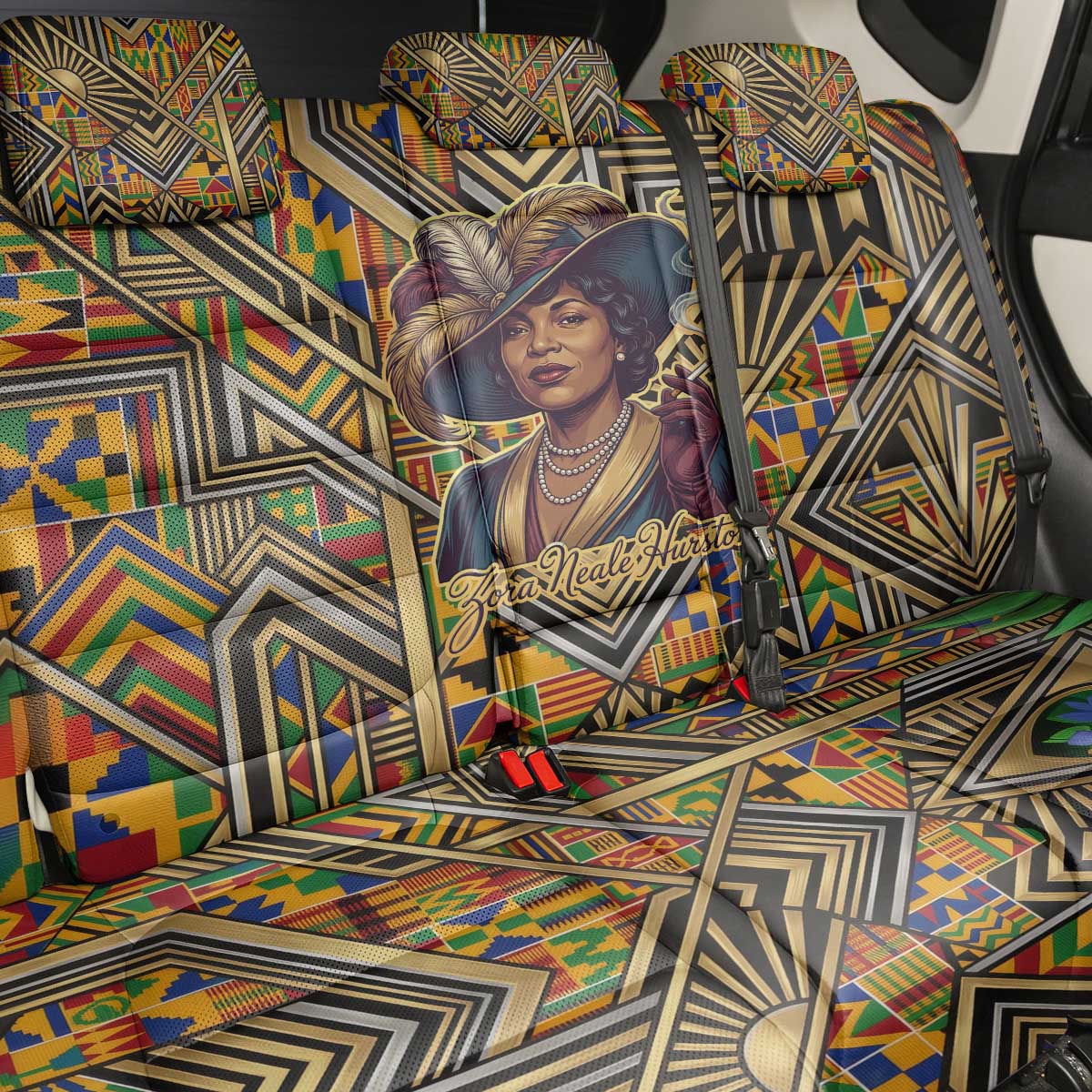 Zora Neale Hurston Back Car Seat Cover Bold Kente and Art Deco Pattern - I Am Not Tragically Colored - African Pride