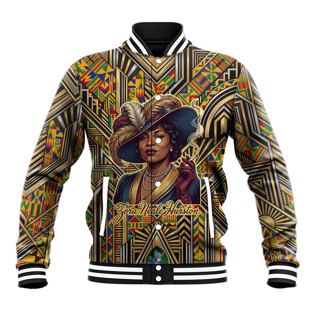 Zora Neale Hurston Baseball Jacket Bold Kente and Art Deco Pattern - I Am Not Tragically Colored - African Pride
