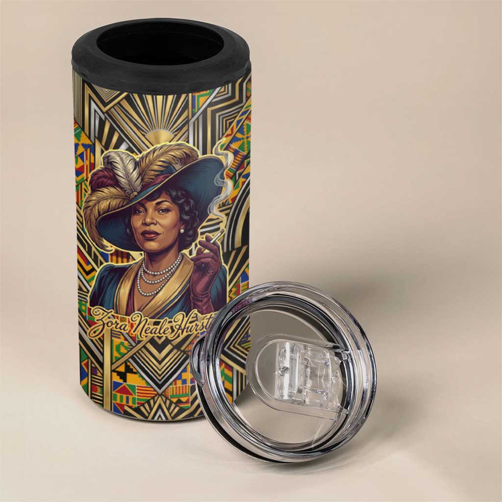 Zora Neale Hurston 4 in 1 Can Cooler Tumbler Bold Kente and Art Deco Pattern - I Am Not Tragically Colored - African Pride