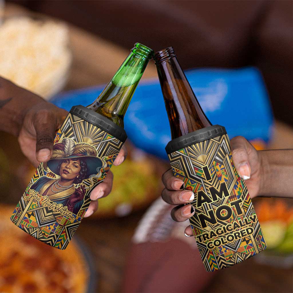 Zora Neale Hurston 4 in 1 Can Cooler Tumbler Bold Kente and Art Deco Pattern - I Am Not Tragically Colored - African Pride