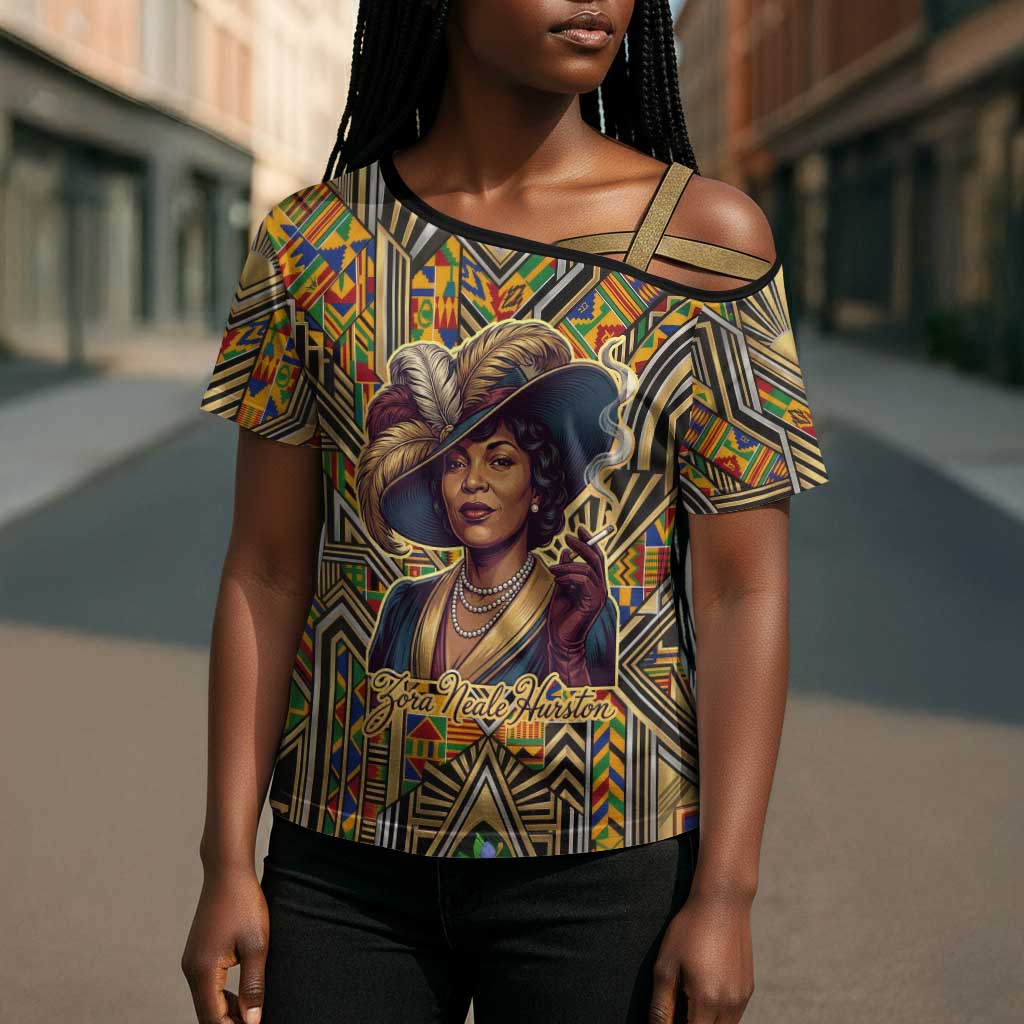 Zora Neale Hurston Cross Shoulder Shirt Bold Kente and Art Deco Pattern - I Am Not Tragically Colored - African Pride