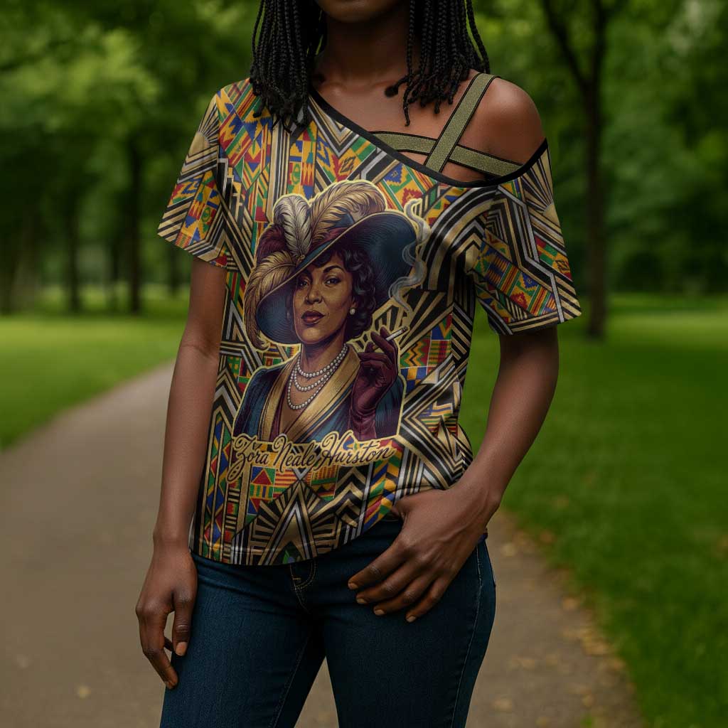 Zora Neale Hurston Cross Shoulder Shirt Bold Kente and Art Deco Pattern - I Am Not Tragically Colored - African Pride