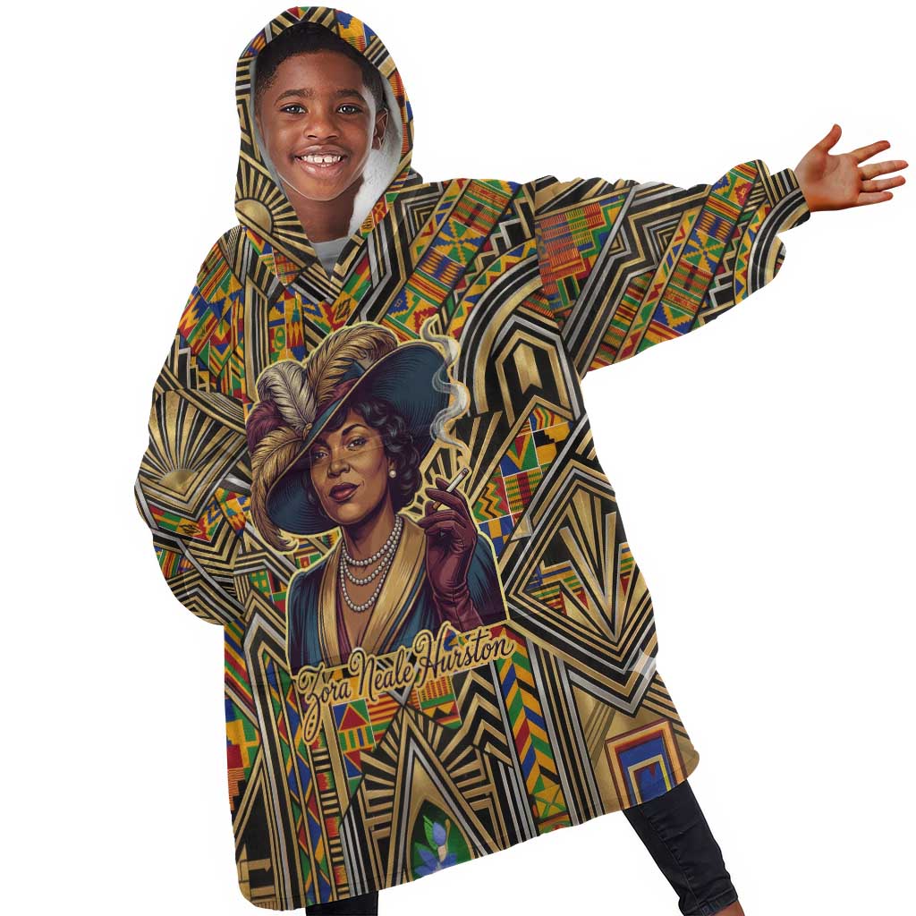 Zora Neale Hurston Kid Wearable Blanket Hoodie Bold Kente and Art Deco Pattern - I Am Not Tragically Colored - African Pride