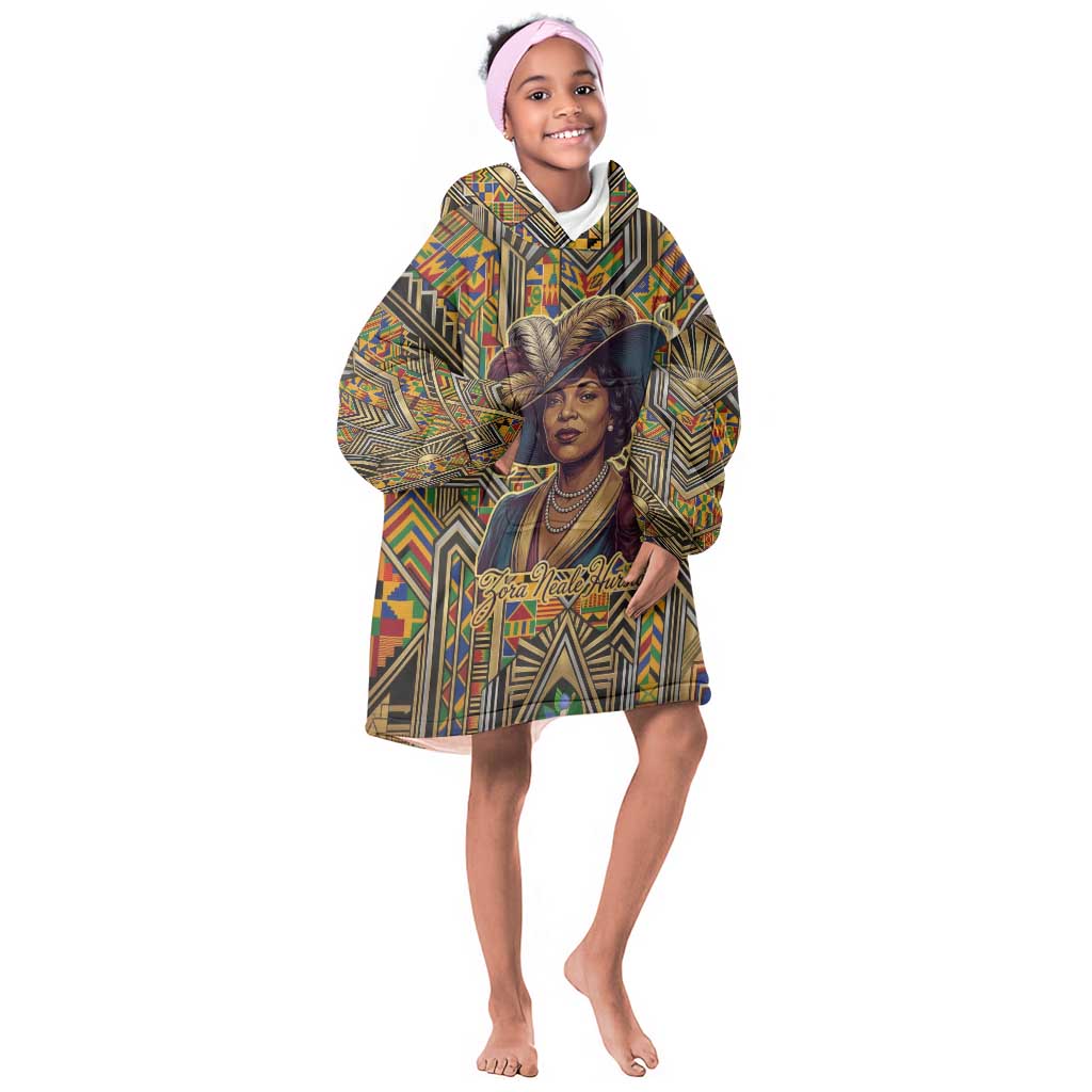 Zora Neale Hurston Kid Wearable Blanket Hoodie Bold Kente and Art Deco Pattern - I Am Not Tragically Colored - African Pride