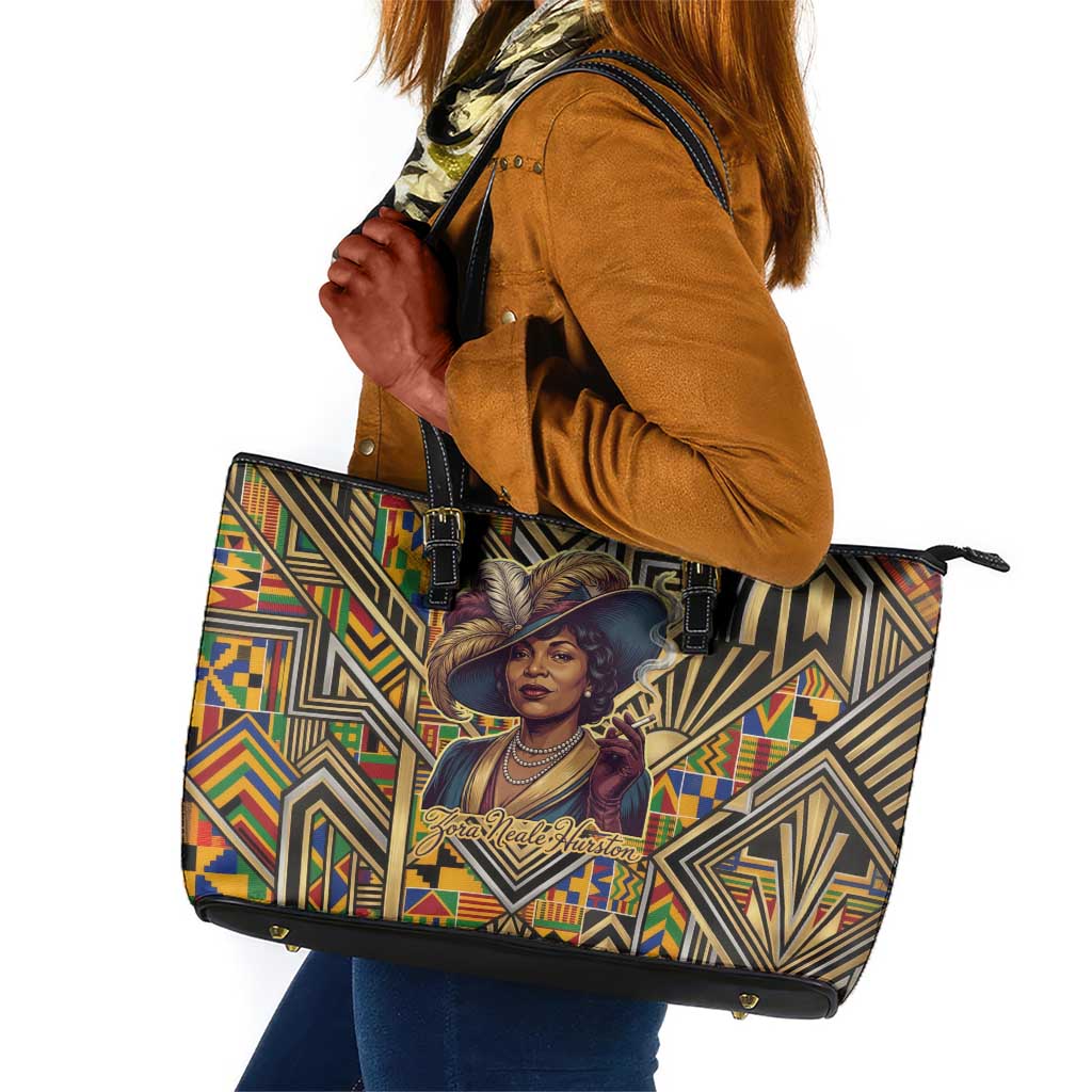 Zora Neale Hurston Leather Tote Bag Bold Kente and Art Deco Pattern - I Am Not Tragically Colored - African Pride