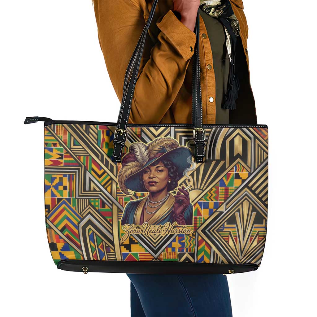 Zora Neale Hurston Leather Tote Bag Bold Kente and Art Deco Pattern - I Am Not Tragically Colored - African Pride