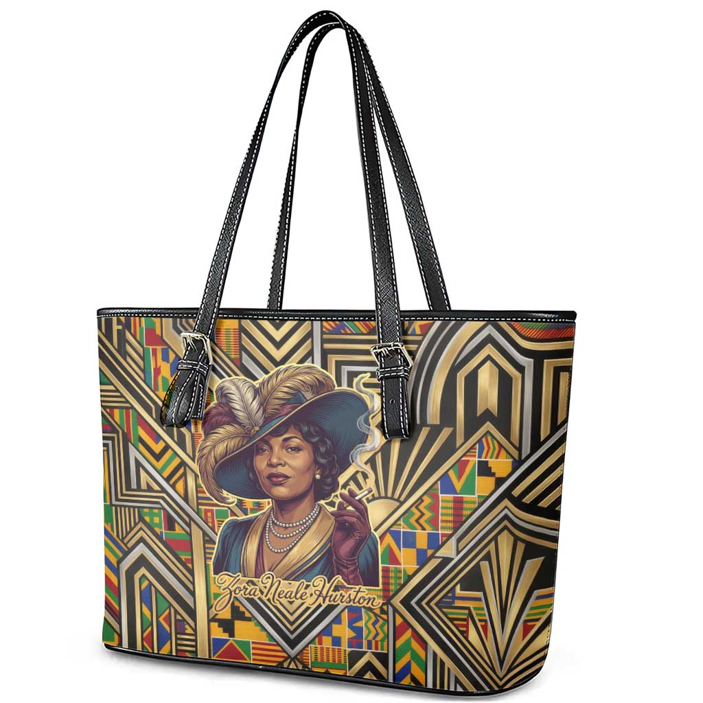 Zora Neale Hurston Leather Tote Bag Bold Kente and Art Deco Pattern - I Am Not Tragically Colored - African Pride