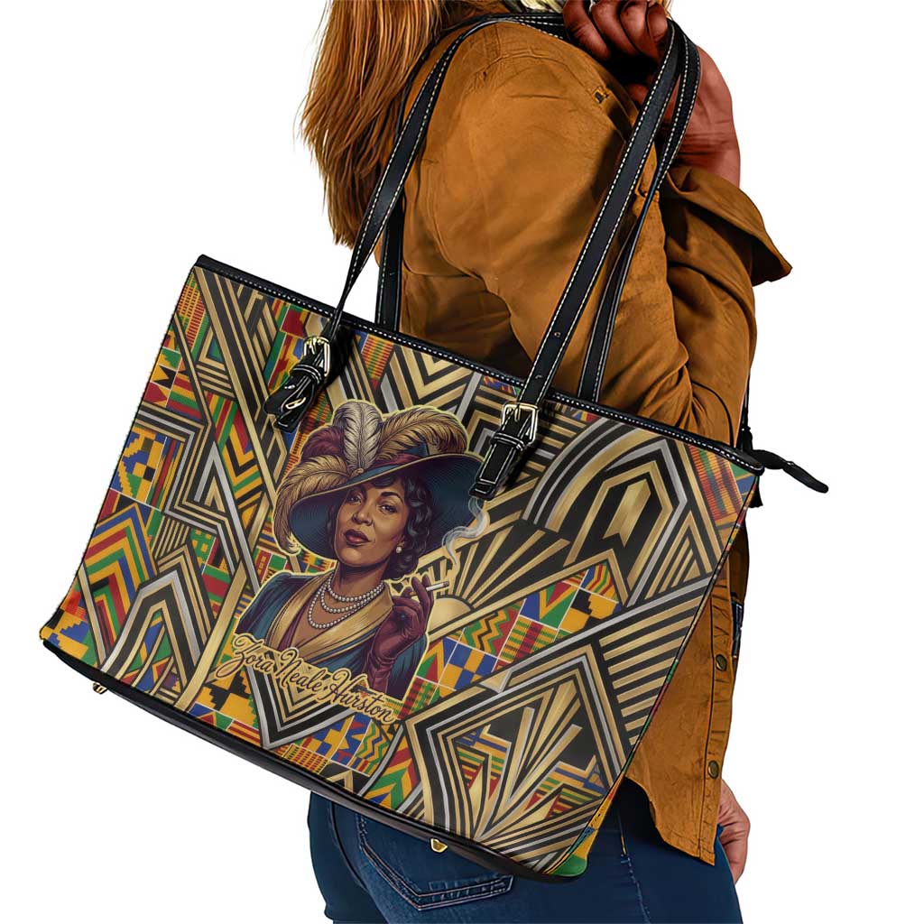 Zora Neale Hurston Leather Tote Bag Bold Kente and Art Deco Pattern - I Am Not Tragically Colored - African Pride