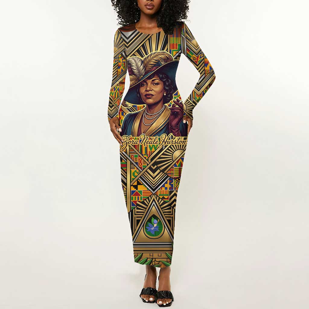 Zora Neale Hurston Long Sleeve Bodycon Dress Bold Kente and Art Deco Pattern - I Am Not Tragically Colored - African Pride