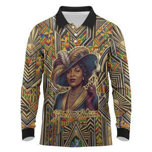 Zora Neale Hurston Long Sleeve Polo Shirt Bold Kente and Art Deco Pattern - I Am Not Tragically Colored - African Pride