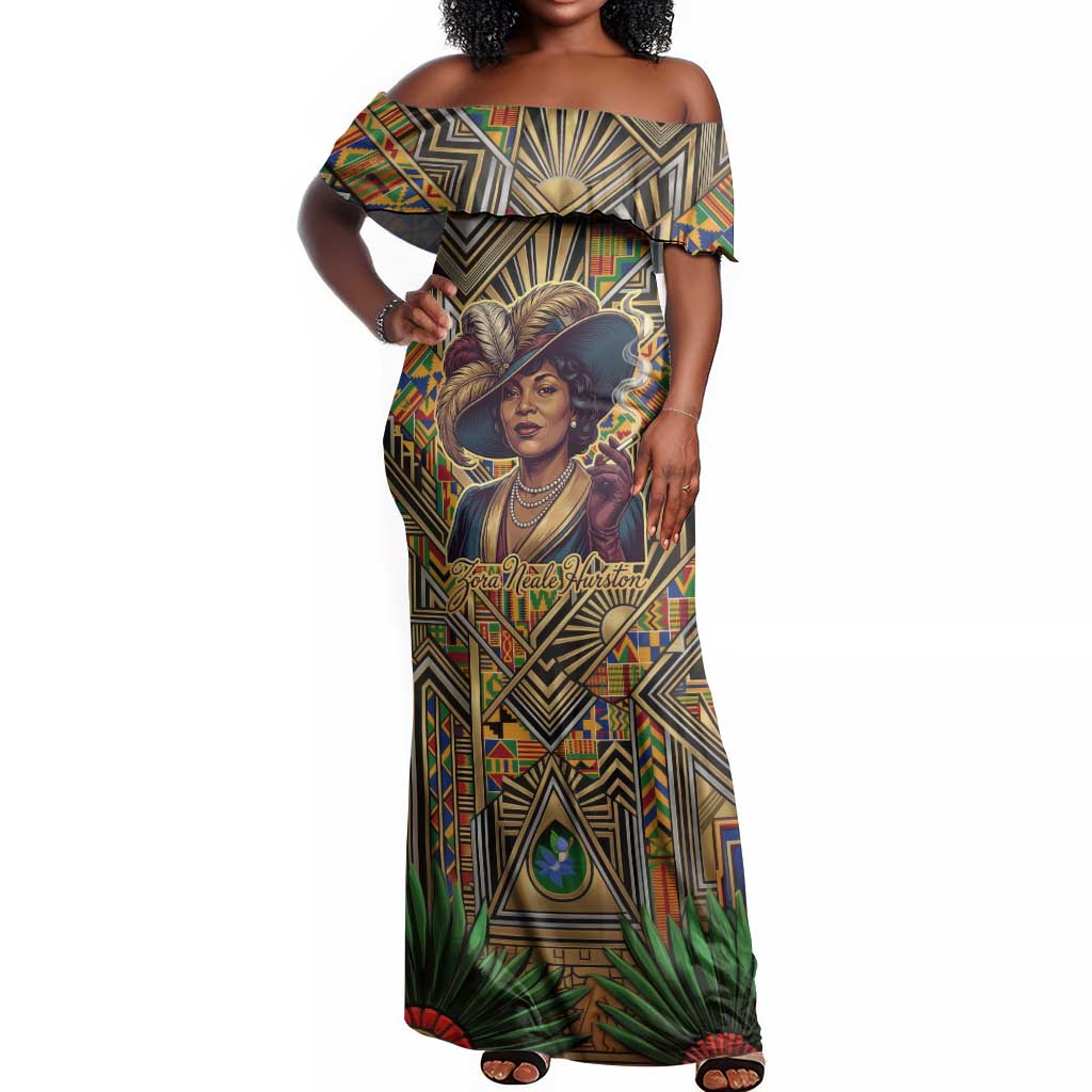 Zora Neale Hurston Off Shoulder Maxi Dress Bold Kente and Art Deco Pattern - I Am Not Tragically Colored - African Pride