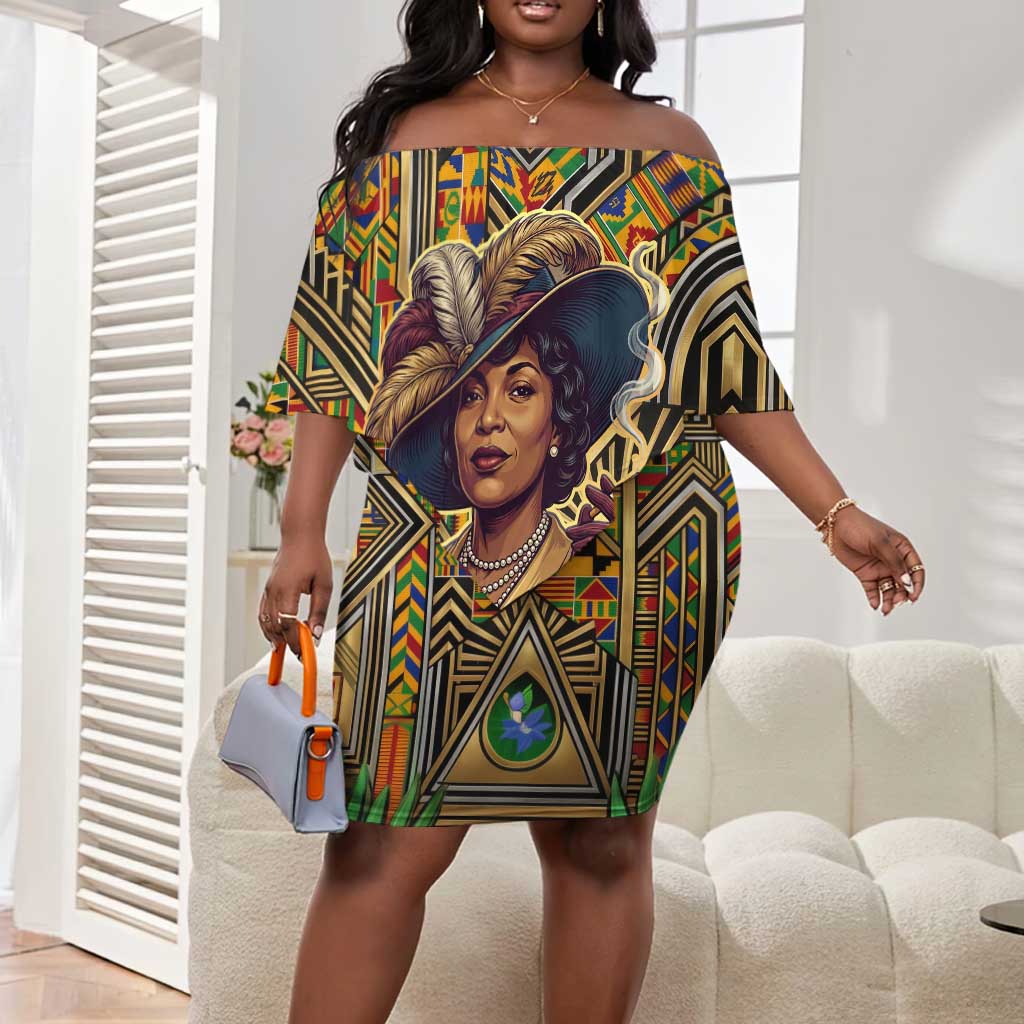 Zora Neale Hurston Off Shoulder Short Dress Bold Kente and Art Deco Pattern - I Am Not Tragically Colored - African Pride