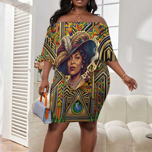 Zora Neale Hurston Off Shoulder Short Dress Bold Kente and Art Deco Pattern - I Am Not Tragically Colored - African Pride
