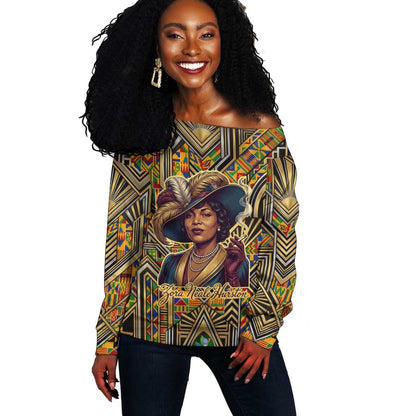 Zora Neale Hurston Off Shoulder Sweater Bold Kente and Art Deco Pattern - I Am Not Tragically Colored - African Pride