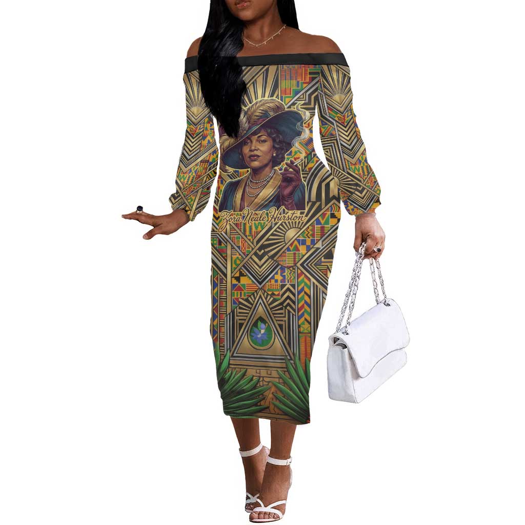 Zora Neale Hurston Off The Shoulder Long Sleeve Dress Bold Kente and Art Deco Pattern - I Am Not Tragically Colored - African Pride
