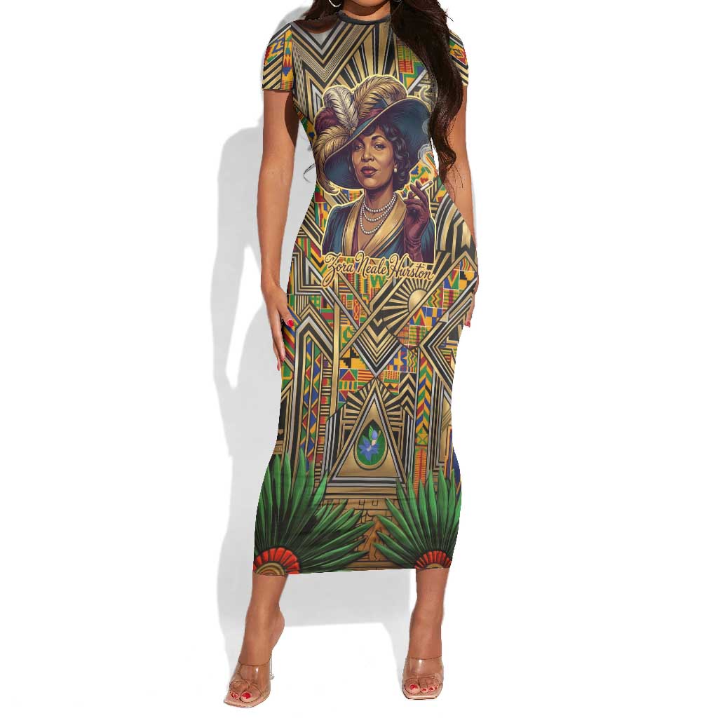 Zora Neale Hurston Short Sleeve Bodycon Dress Bold Kente and Art Deco Pattern - I Am Not Tragically Colored - African Pride