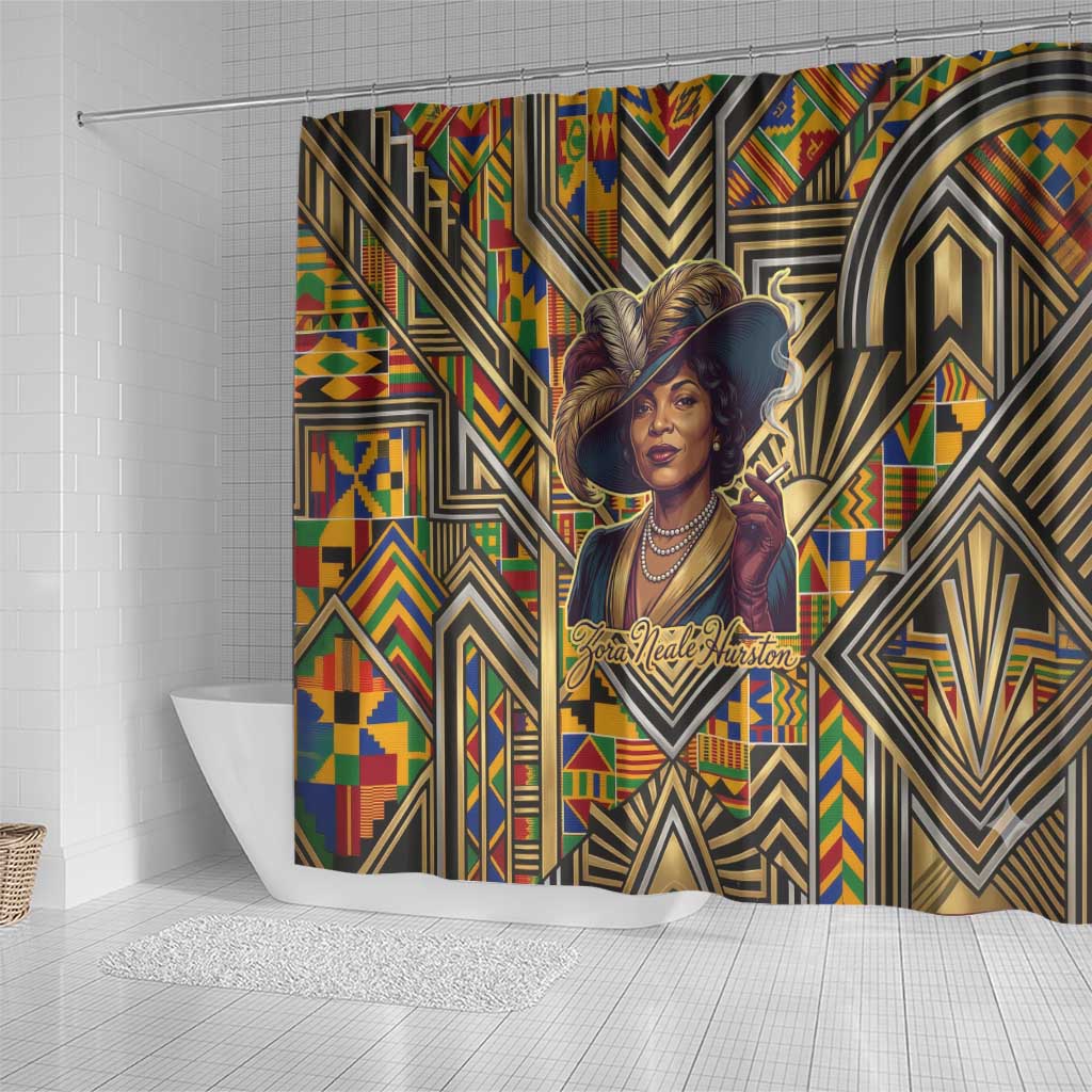 Zora Neale Hurston Shower Curtain Bold Kente and Art Deco Pattern - I Am Not Tragically Colored - African Pride