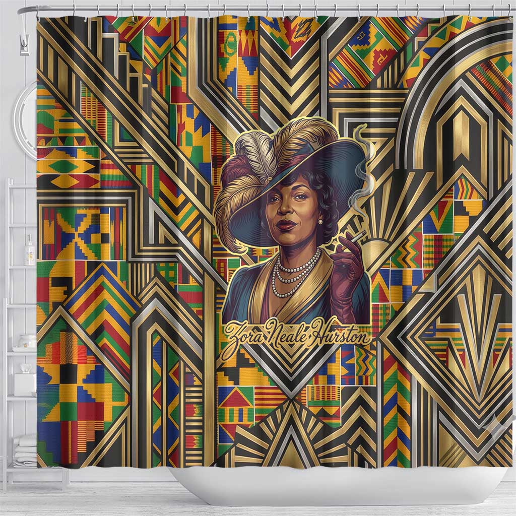 Zora Neale Hurston Shower Curtain Bold Kente and Art Deco Pattern - I Am Not Tragically Colored - African Pride