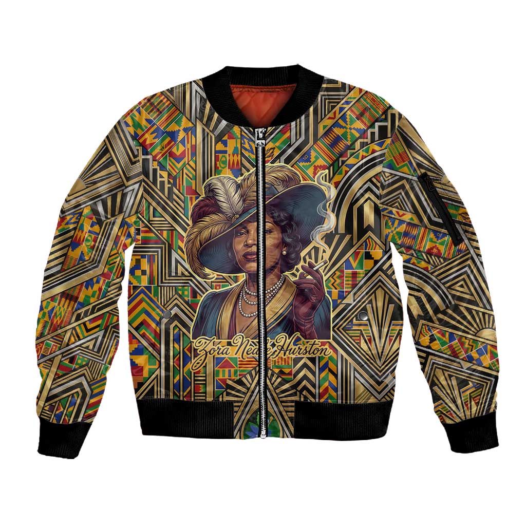 Zora Neale Hurston Sleeve Zip Bomber Jacket Bold Kente and Art Deco Pattern - I Am Not Tragically Colored - African Pride