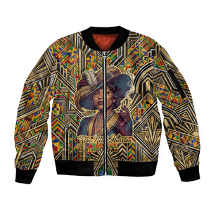 Zora Neale Hurston Sleeve Zip Bomber Jacket Bold Kente and Art Deco Pattern - I Am Not Tragically Colored - African Pride
