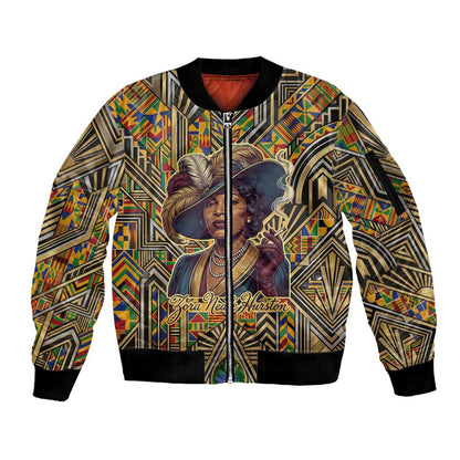 Zora Neale Hurston Sleeve Zip Bomber Jacket Bold Kente and Art Deco Pattern - I Am Not Tragically Colored - African Pride