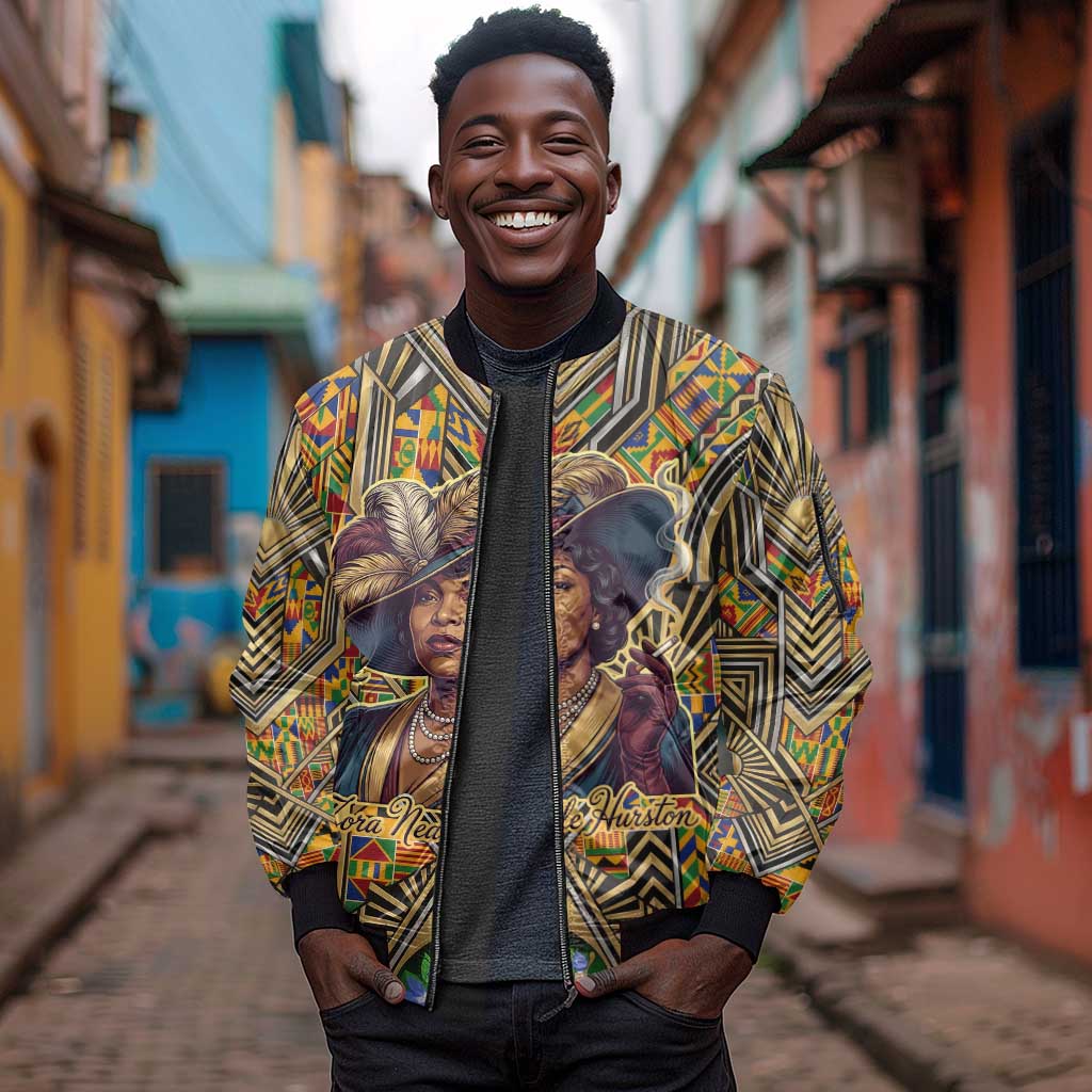 Zora Neale Hurston Sleeve Zip Bomber Jacket Bold Kente and Art Deco Pattern - I Am Not Tragically Colored - African Pride