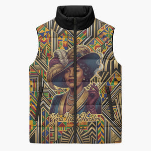 Zora Neale Hurston Sleeveless Puffer Jacket Bold Kente and Art Deco Pattern - I Am Not Tragically Colored - African Pride