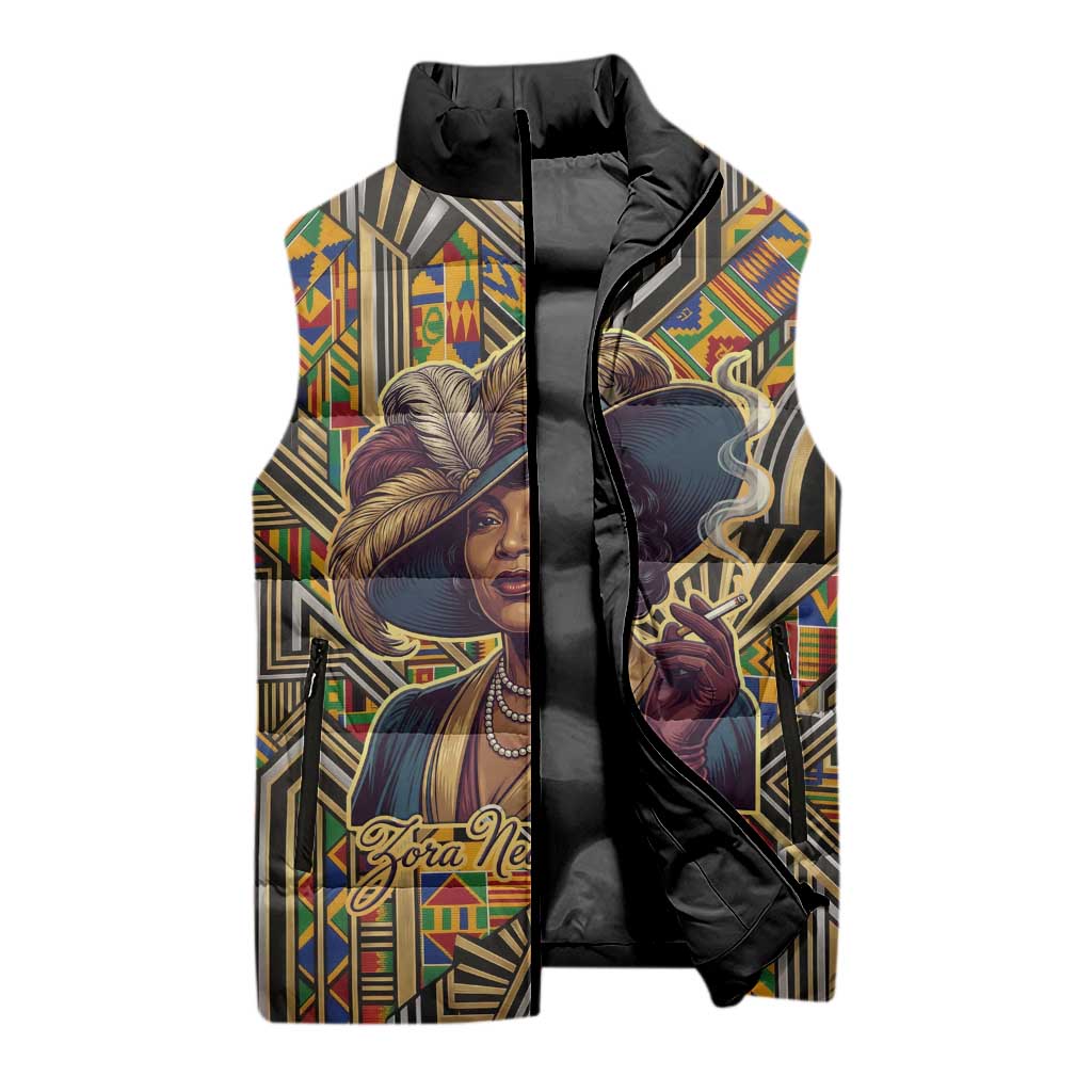 Zora Neale Hurston Sleeveless Puffer Jacket Bold Kente and Art Deco Pattern - I Am Not Tragically Colored - African Pride