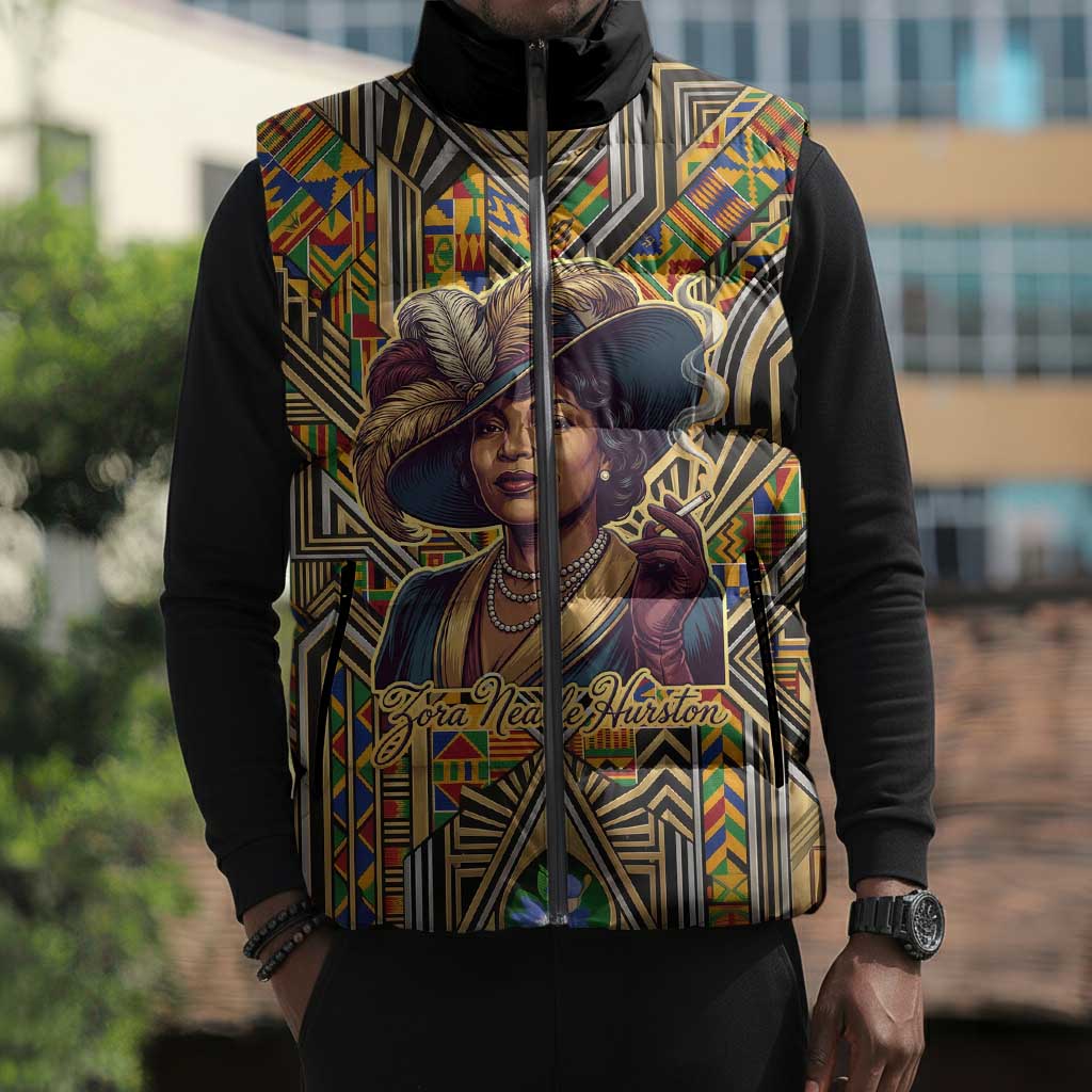 Zora Neale Hurston Sleeveless Puffer Jacket Bold Kente and Art Deco Pattern - I Am Not Tragically Colored - African Pride
