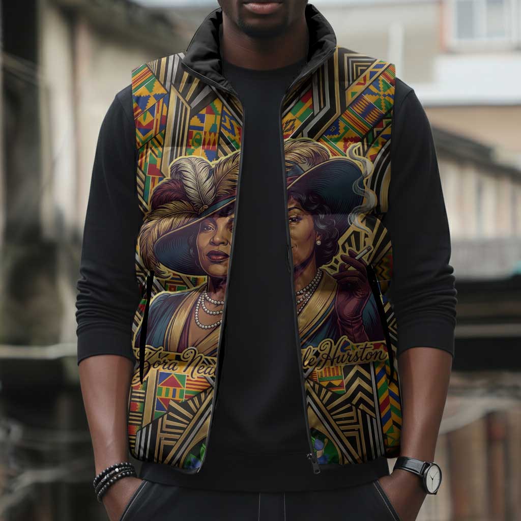 Zora Neale Hurston Sleeveless Puffer Jacket Bold Kente and Art Deco Pattern - I Am Not Tragically Colored - African Pride