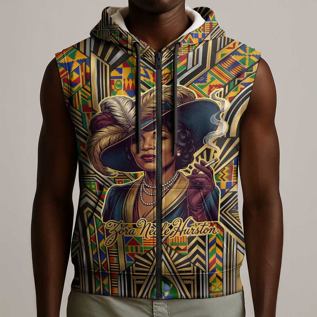 Zora Neale Hurston Sleeveless Zip Hoodie Bold Kente and Art Deco Pattern - I Am Not Tragically Colored - African Pride