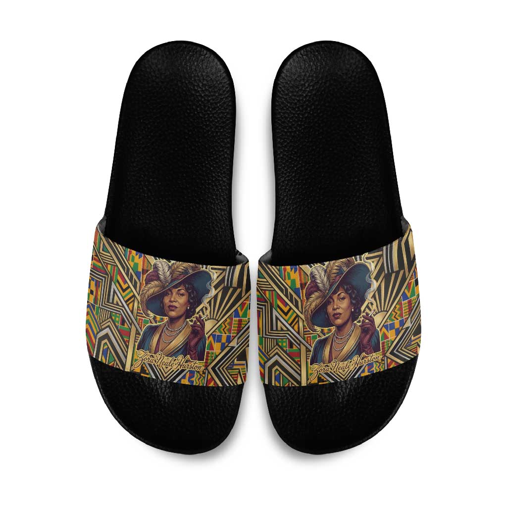 Zora Neale Hurston Slide Sandals Bold Kente and Art Deco Pattern - I Am Not Tragically Colored - African Pride
