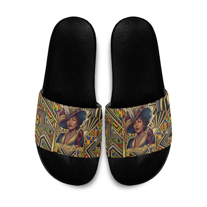 Zora Neale Hurston Slide Sandals Bold Kente and Art Deco Pattern - I Am Not Tragically Colored - African Pride