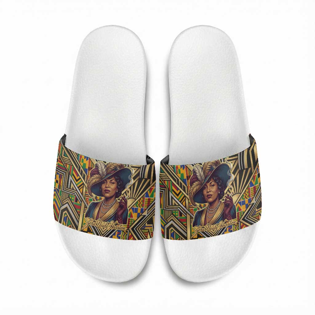 Zora Neale Hurston Slide Sandals Bold Kente and Art Deco Pattern - I Am Not Tragically Colored - African Pride