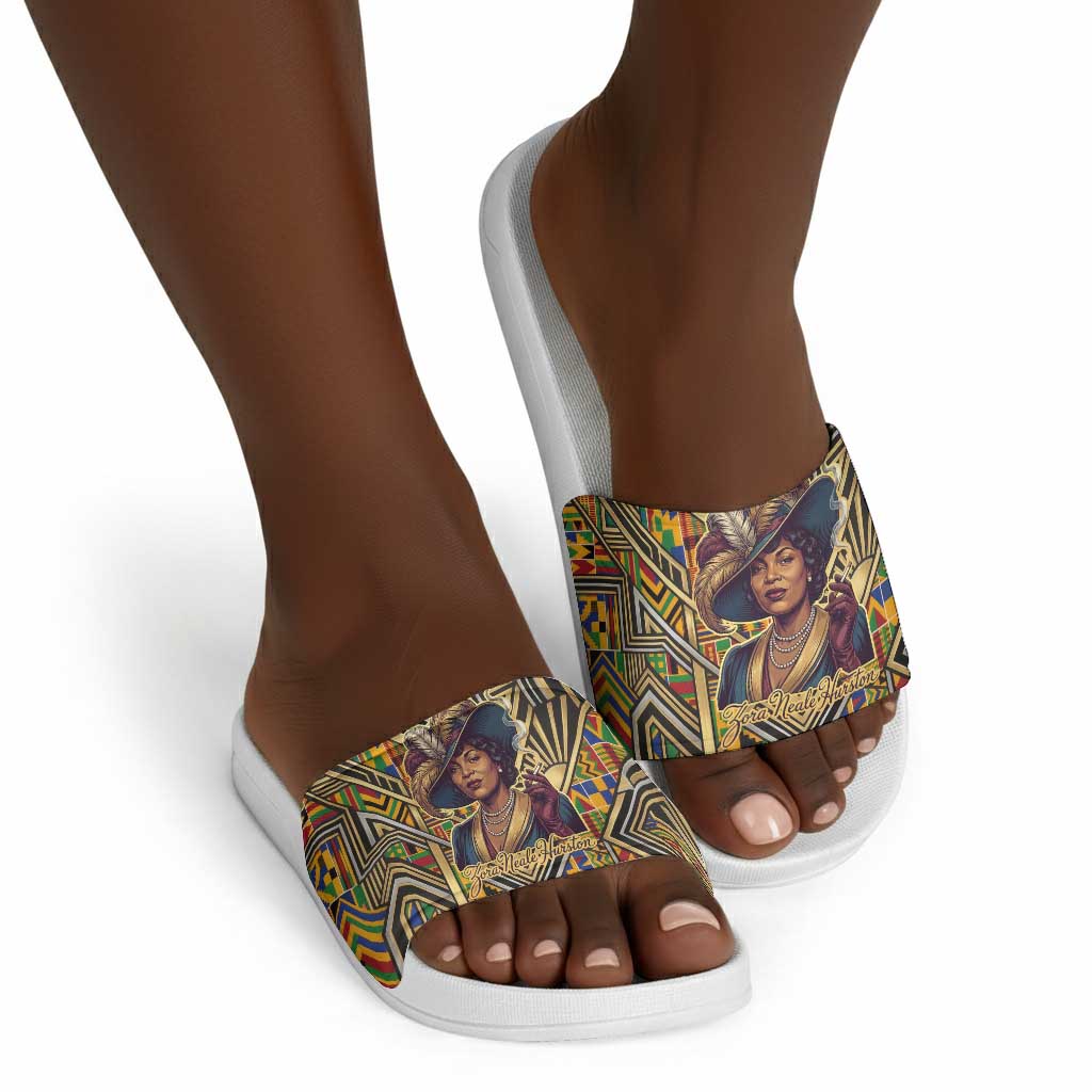 Zora Neale Hurston Slide Sandals Bold Kente and Art Deco Pattern - I Am Not Tragically Colored - African Pride