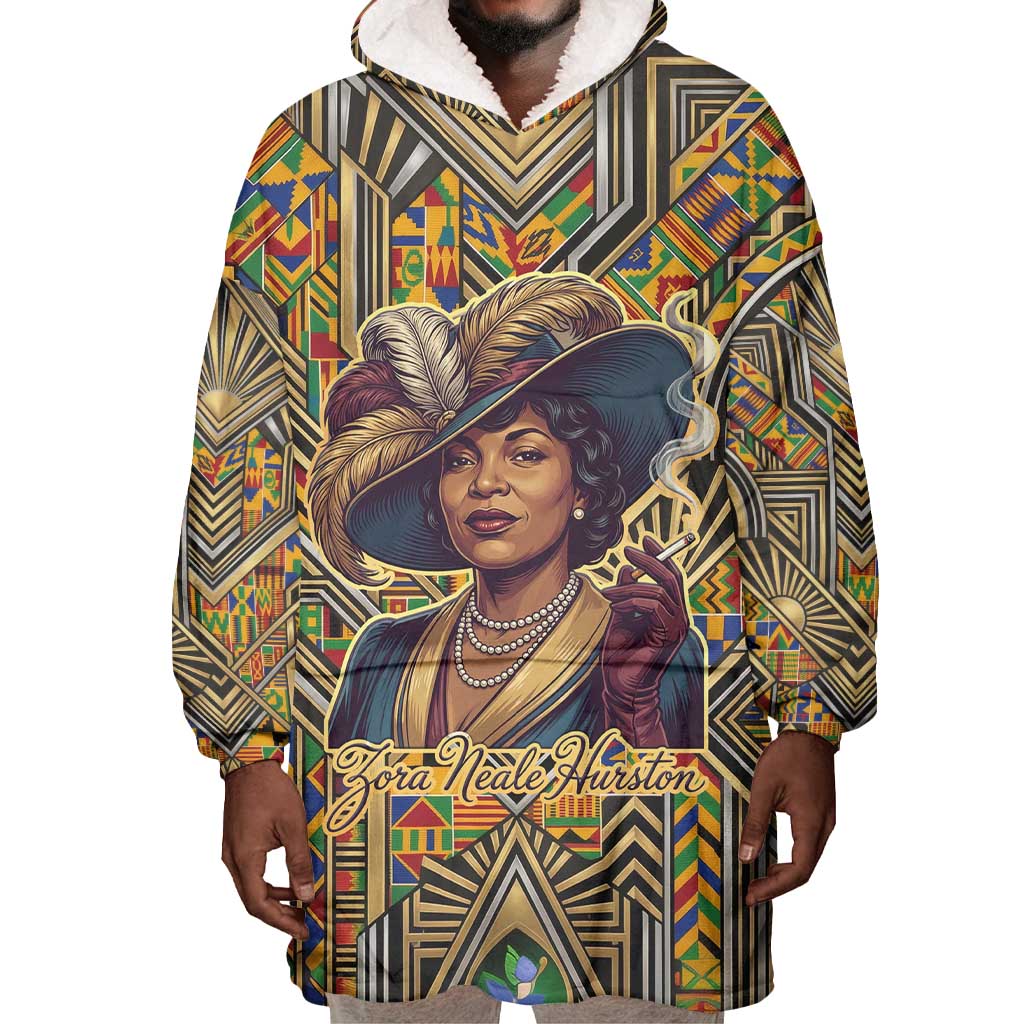 Zora Neale Hurston Wearable Blanket Hoodie Bold Kente and Art Deco Pattern - I Am Not Tragically Colored - African Pride