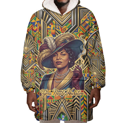 Zora Neale Hurston Wearable Blanket Hoodie Bold Kente and Art Deco Pattern - I Am Not Tragically Colored - African Pride