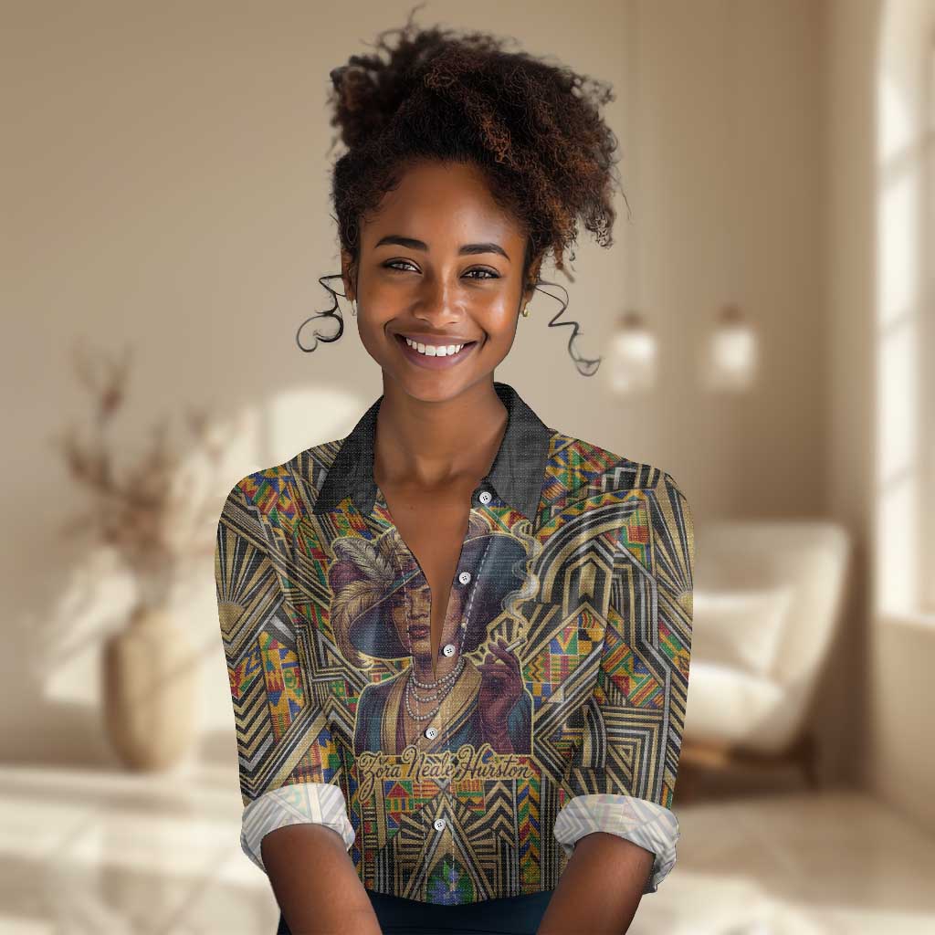 Zora Neale Hurston Women Casual Shirt Bold Kente and Art Deco Pattern - I Am Not Tragically Colored - African Pride