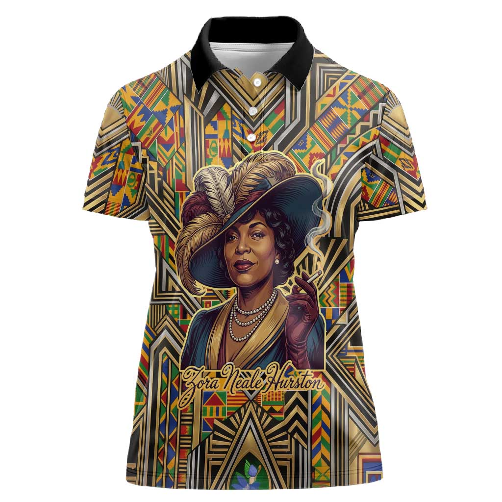 Zora Neale Hurston Women Polo Shirt Bold Kente and Art Deco Pattern - I Am Not Tragically Colored - African Pride