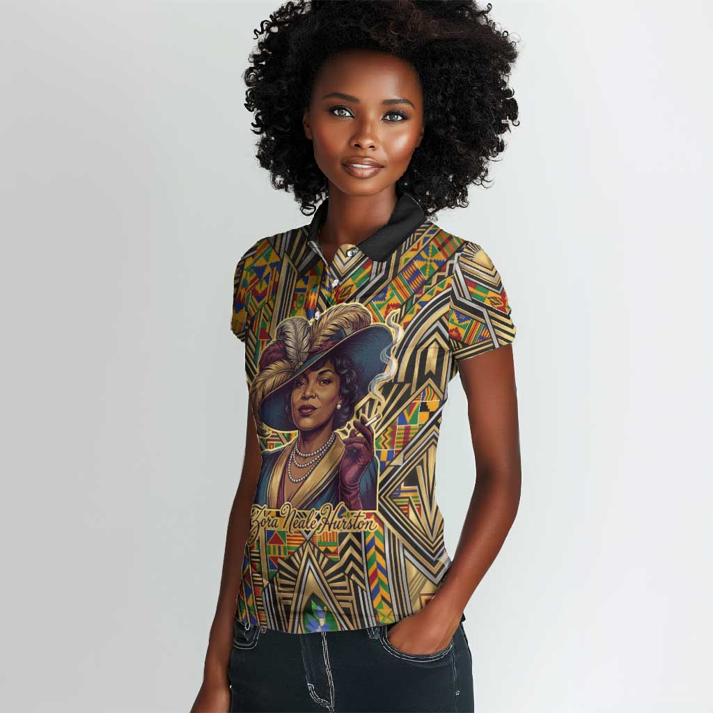 Zora Neale Hurston Women Polo Shirt Bold Kente and Art Deco Pattern - I Am Not Tragically Colored - African Pride