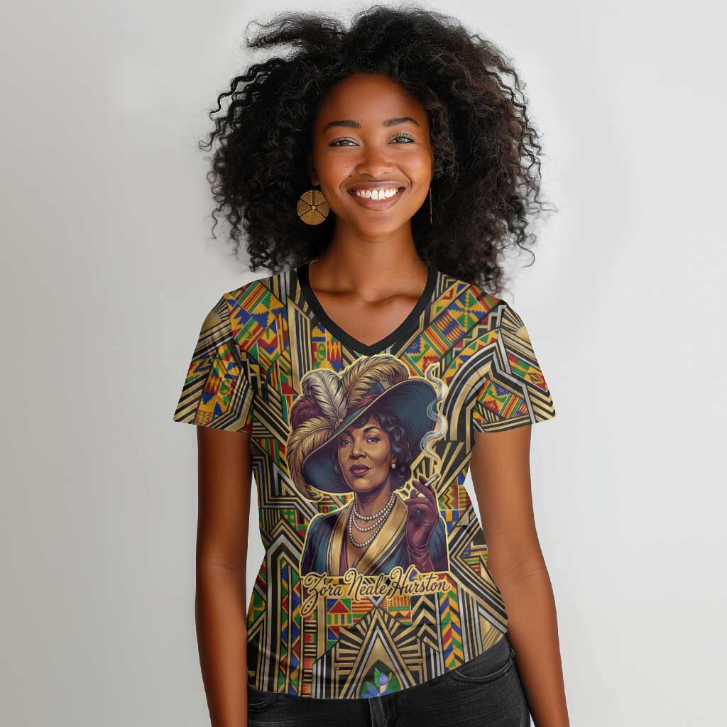Zora Neale Hurston Women V-Neck T-Shirt Bold Kente and Art Deco Pattern - I Am Not Tragically Colored - African Pride