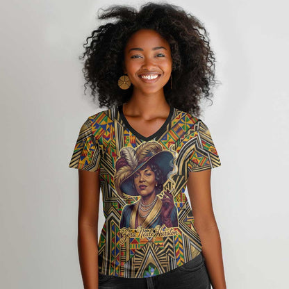 Zora Neale Hurston Women V-Neck T-Shirt Bold Kente and Art Deco Pattern - I Am Not Tragically Colored - African Pride