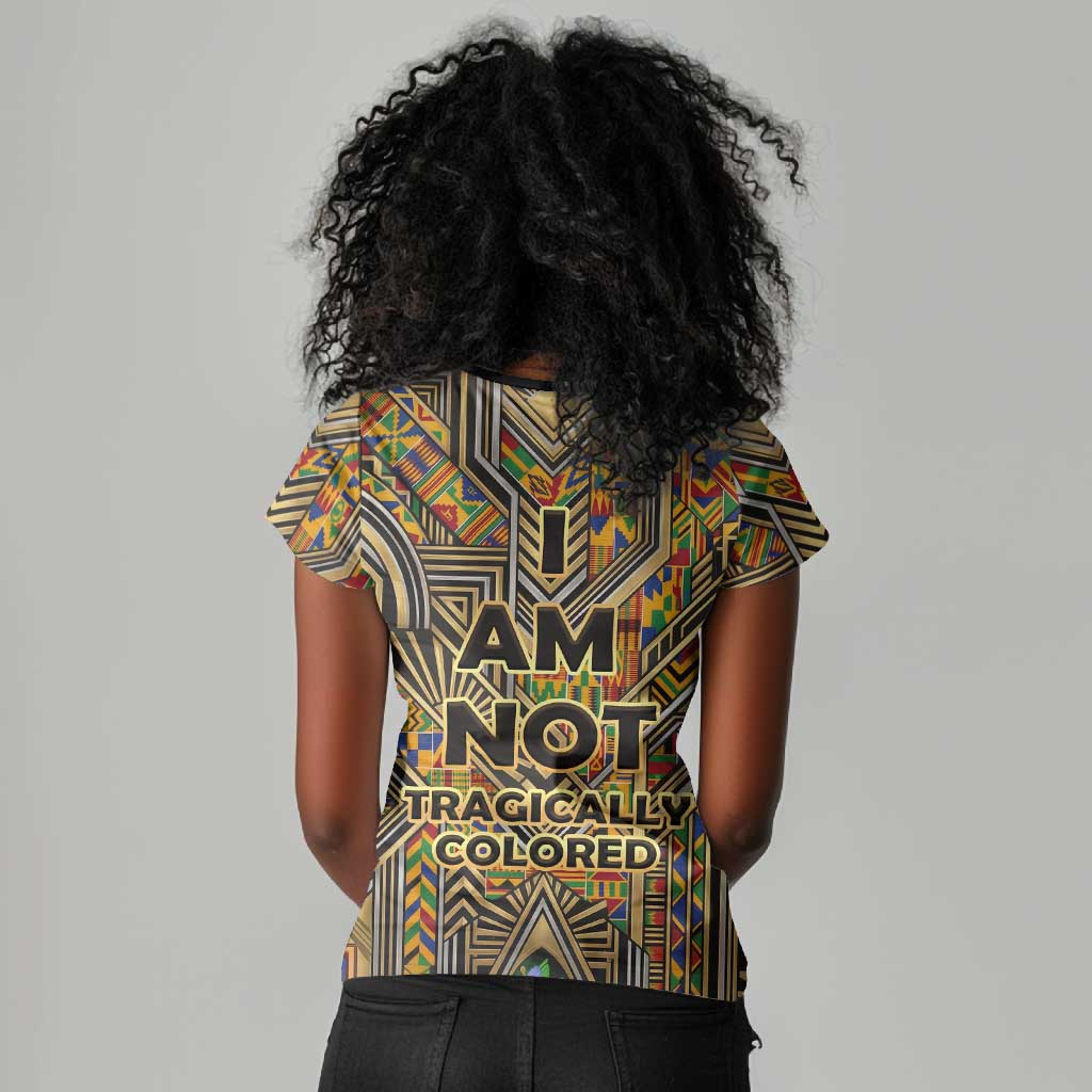 Zora Neale Hurston Women V-Neck T-Shirt Bold Kente and Art Deco Pattern - I Am Not Tragically Colored - African Pride