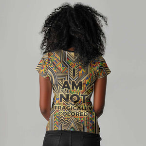Zora Neale Hurston Women V-Neck T-Shirt Bold Kente and Art Deco Pattern - I Am Not Tragically Colored - African Pride