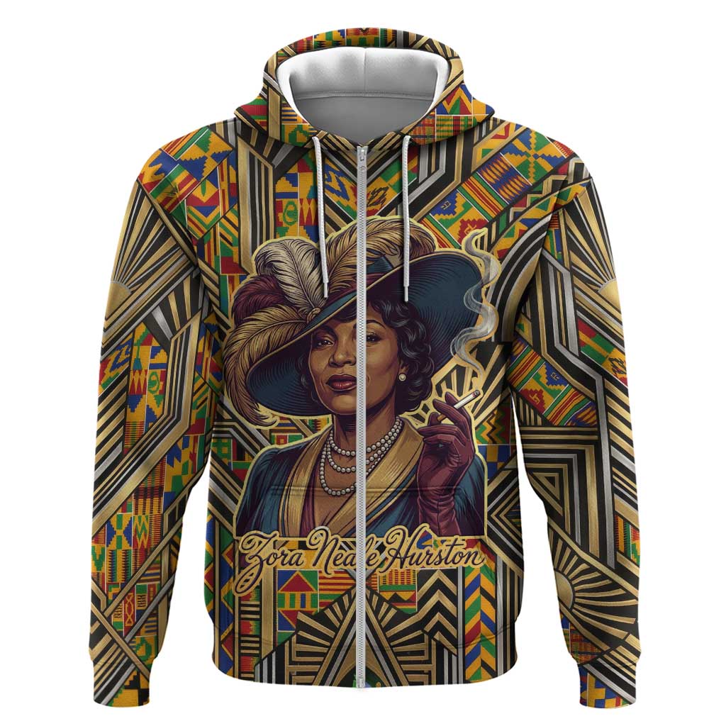 Zora Neale Hurston Zip Hoodie Bold Kente and Art Deco Pattern - I Am Not Tragically Colored - African Pride