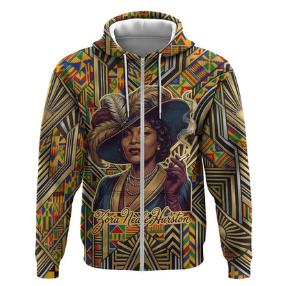 Zora Neale Hurston Zip Hoodie Bold Kente and Art Deco Pattern - I Am Not Tragically Colored - African Pride