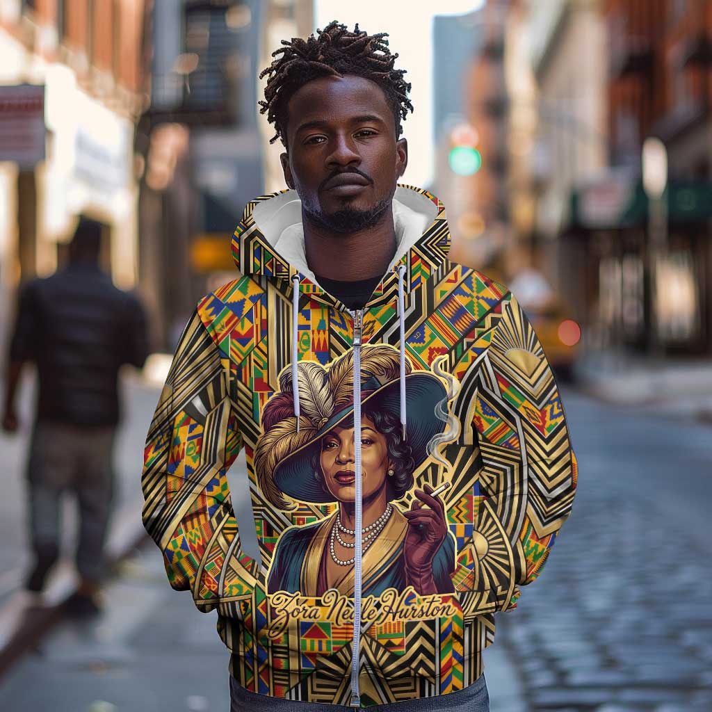Zora Neale Hurston Zip Hoodie Bold Kente and Art Deco Pattern - I Am Not Tragically Colored - African Pride