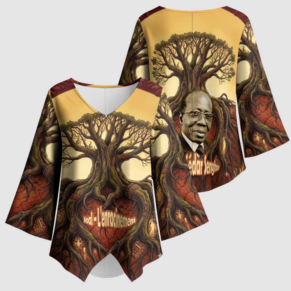 Léopold Sédar Senghor Kimono Sleeve Blouse Sacred Baobab Tree Design African Roots and Symbols Theme Negritude Movement - African Pride